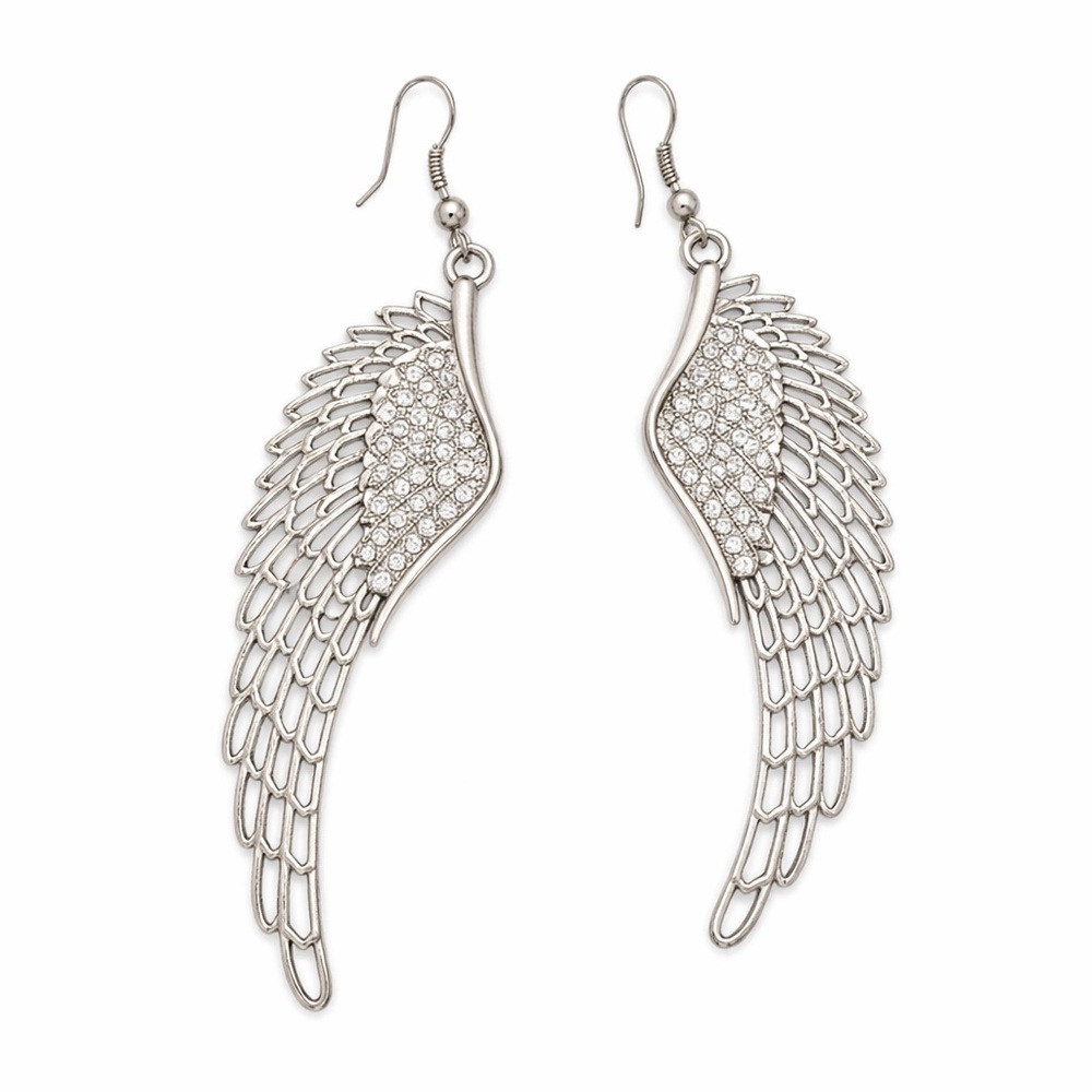 Angel Wing Rhinestone Drop Earrings Silver Tone Statement Dangle